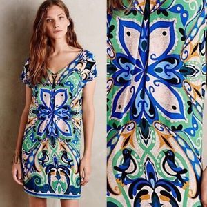 Anthropologie Maeve Folksong Floral Shift Dress L Blue Green Bird Print Novelty